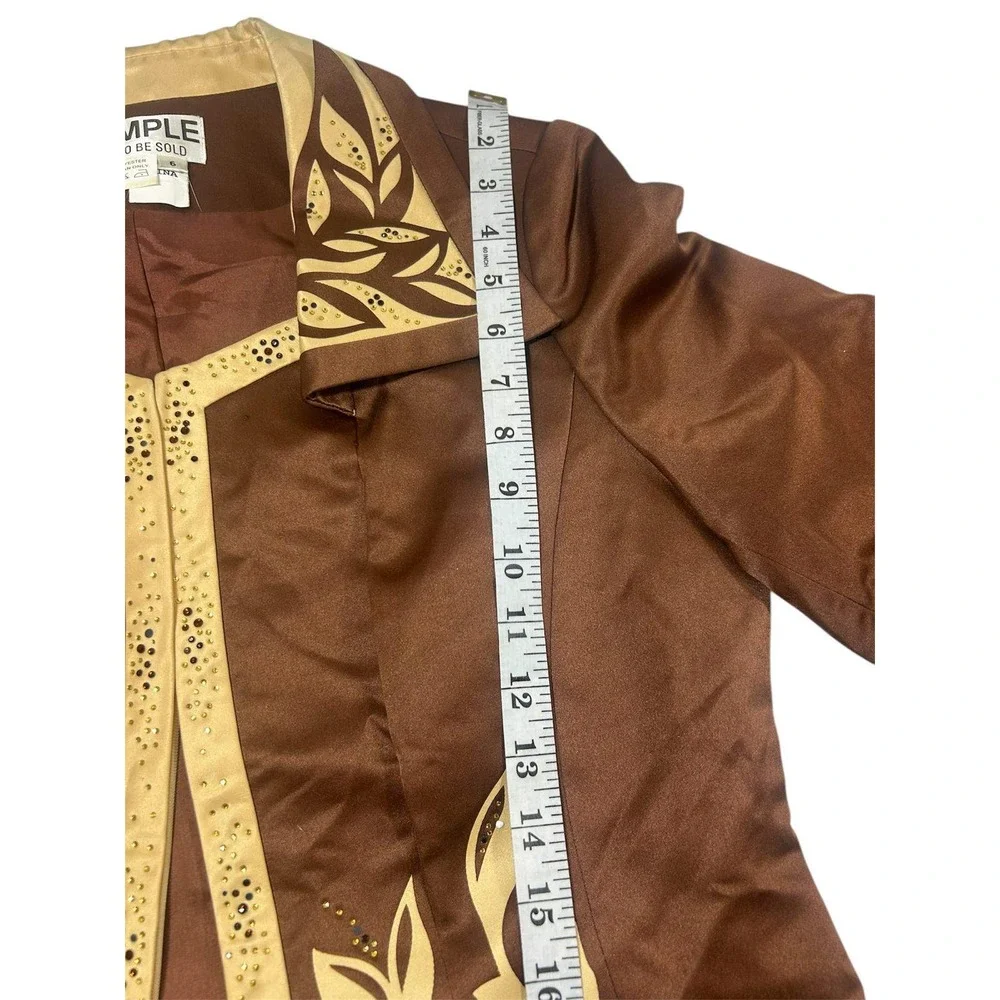Sample Brown Satin Leaf Applique Rhinestone Blazer Jacket Size 6‎ Bronze Cream